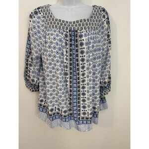 Caffe Marrakesh Blouse Medium 3/4 Sleeves Blue White Mixed Media Boho Peasant